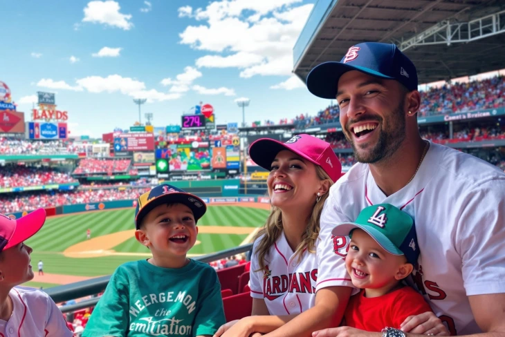 jenny curry smiling with her husband Adam Wainwright and their five children at a baseball game.