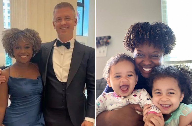 Matt McCusker and his wife Brittany at a formal event; Brittany smiling with their two children at home.