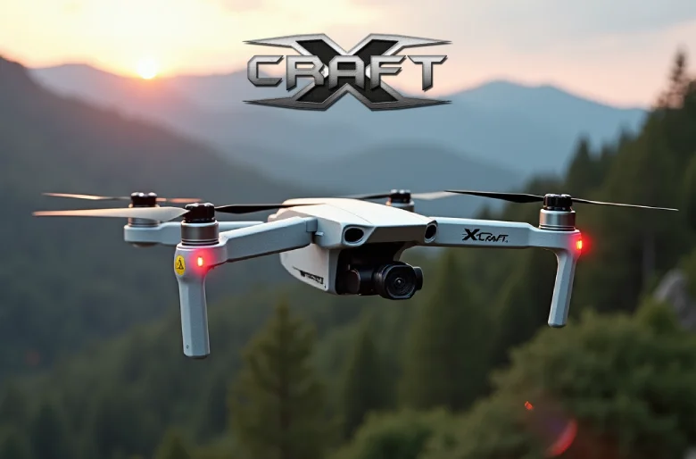 XCraft commercial drone flying at sunset with mountains in background, displaying advanced camera and navigation features