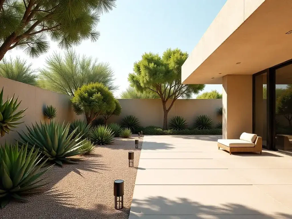 Eco-friendly garden in Dubai featuring native plants, solar lights, and a shaded sitting area designed for sustainable living.