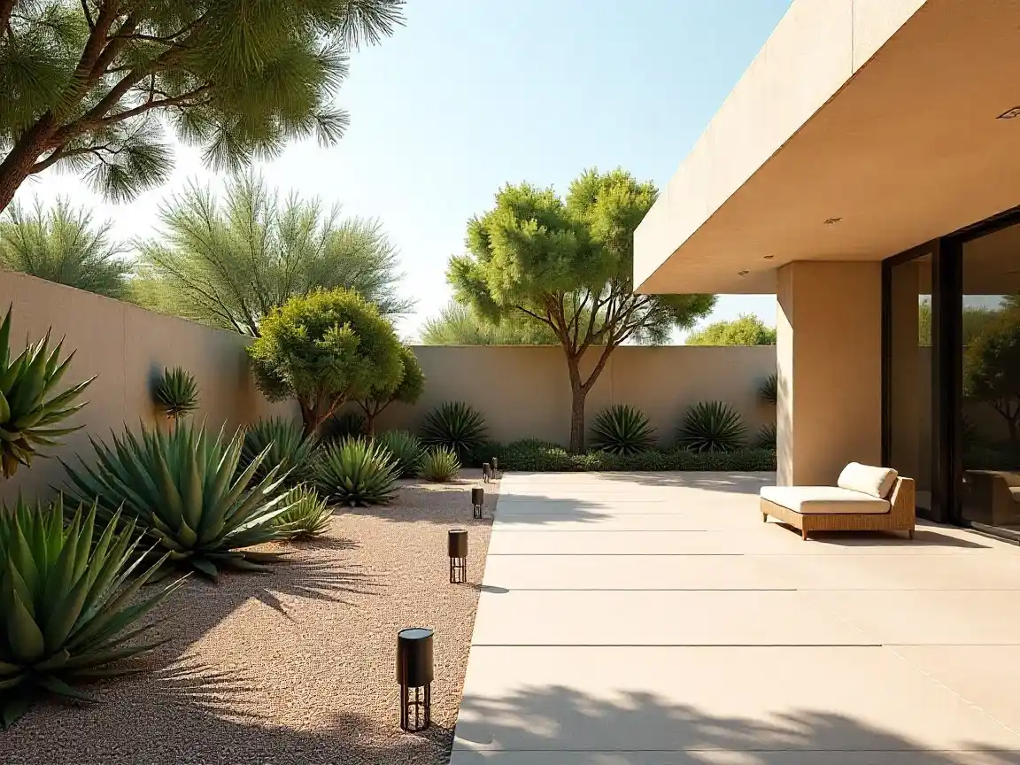 Sustainable Landscaping in Dubai: Eco-Friendly Ideas for Modern Homes - Perfect Home - BackInsights Eco-friendly garden in Dubai featuring native plants, solar lights, and a shaded sitting area designed for sustainable living.