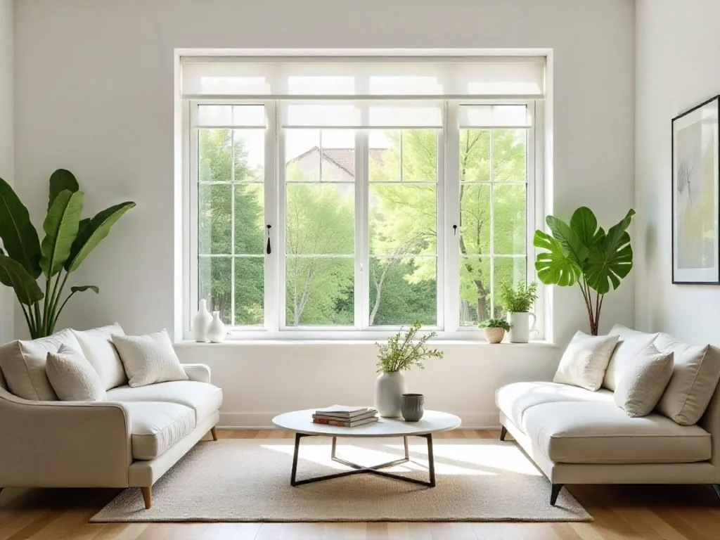 Modern home interior with energy efficient vinyl windows letting in natural light