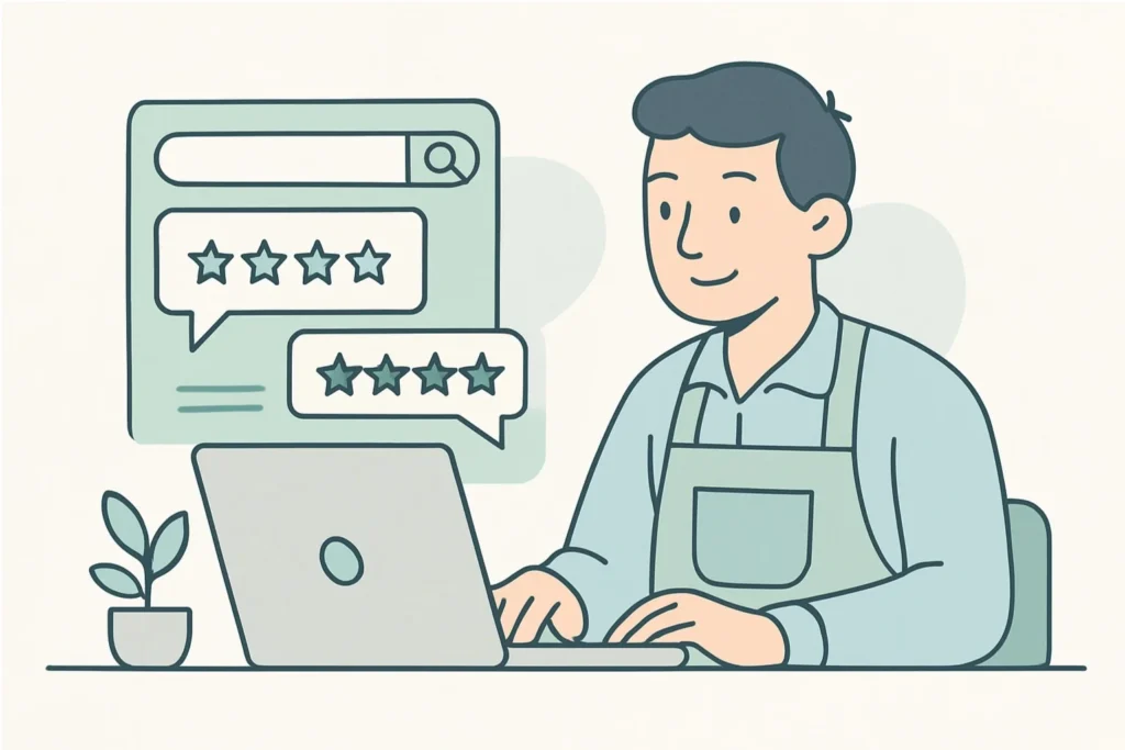 Business owner reviewing online reputation reports on a laptop