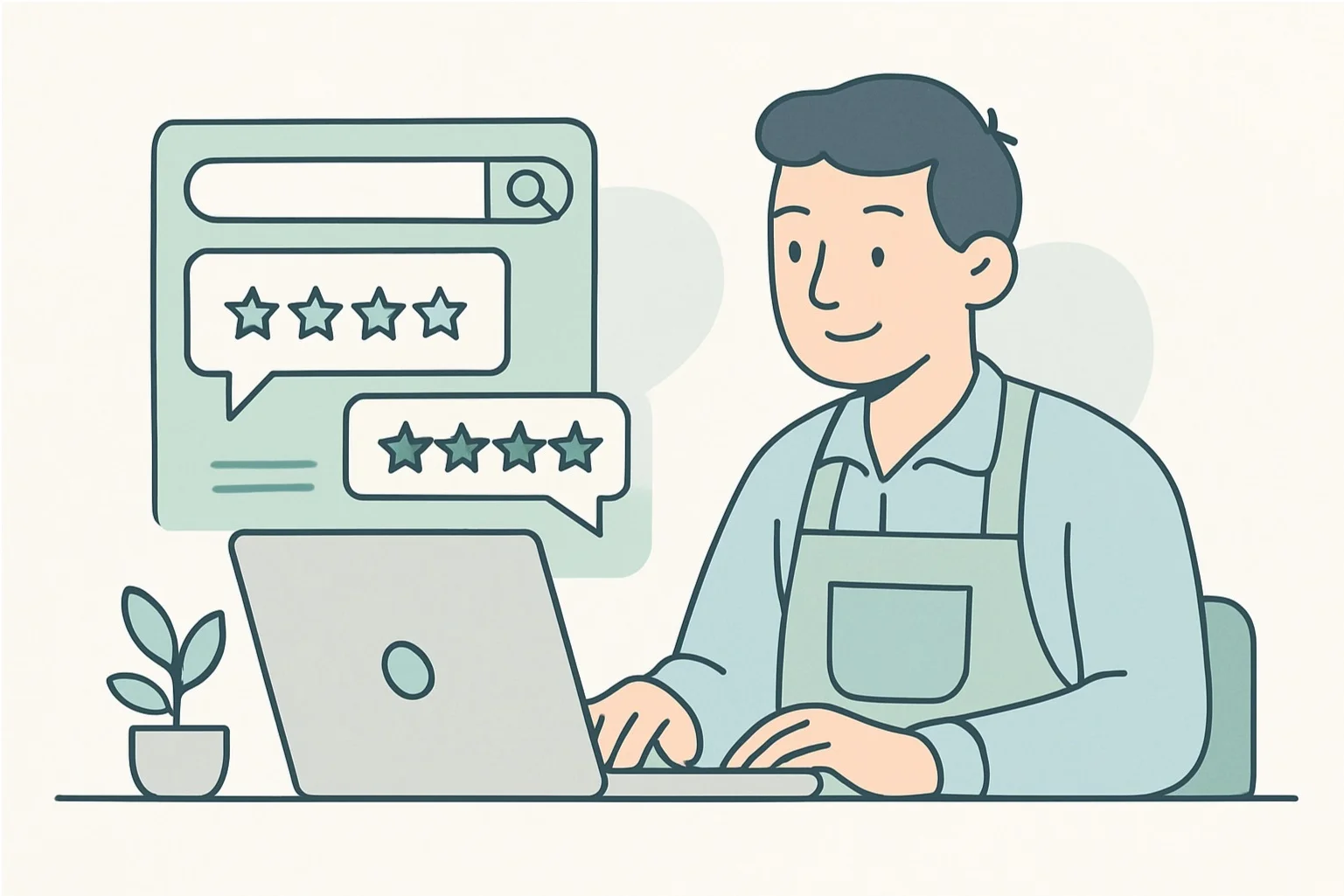 Business owner reviewing online reputation reports on a laptop