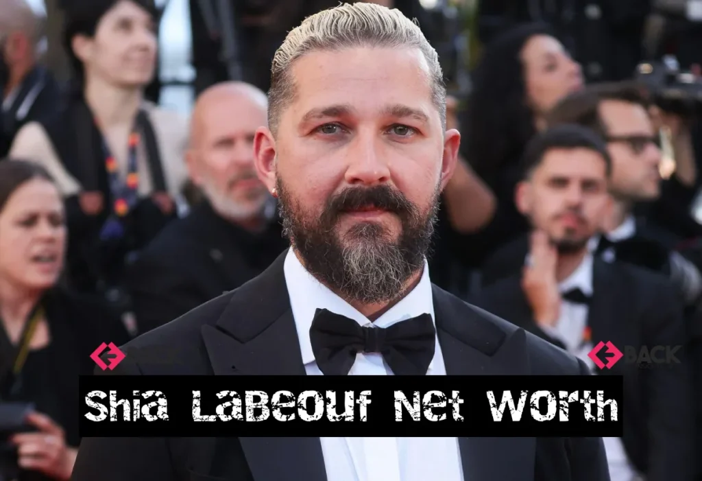 A portrait-style featured image of Shia LaBeouf with graphics representing wealth and career success, illustrating the topic Shia LaBeouf Net Worth.
