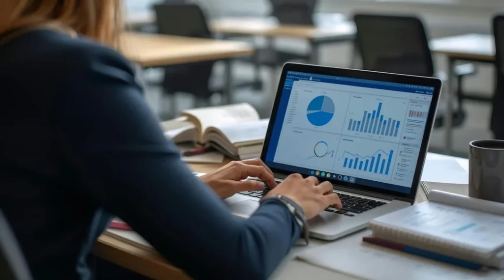 Woman working on a laptop with charts showing SEO and website performance data