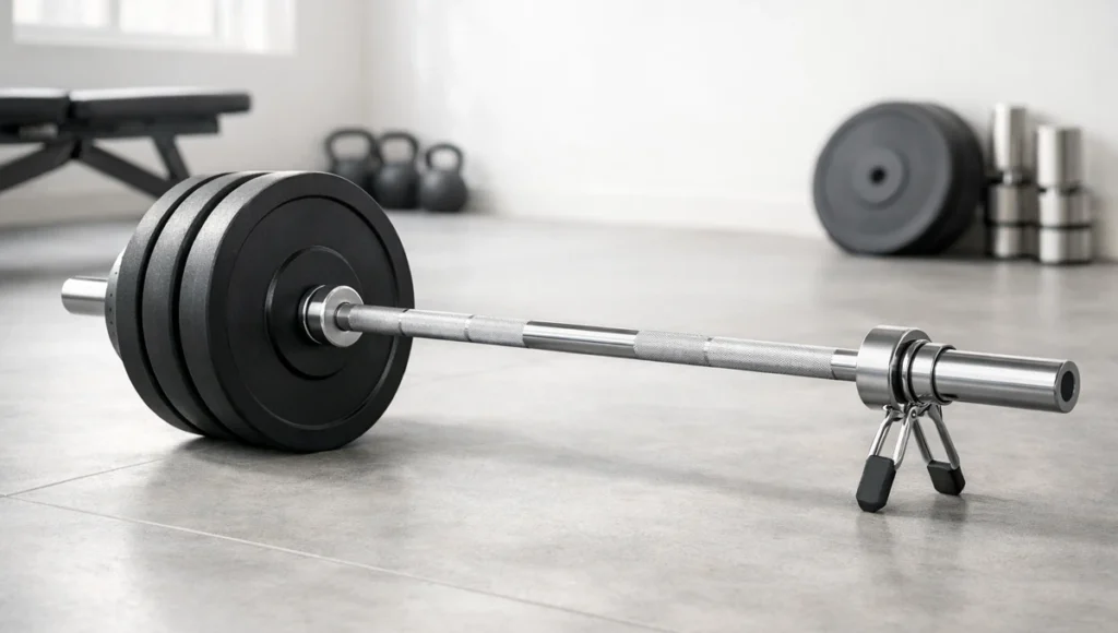 Barbell and weight plates set up for strength training in a gym