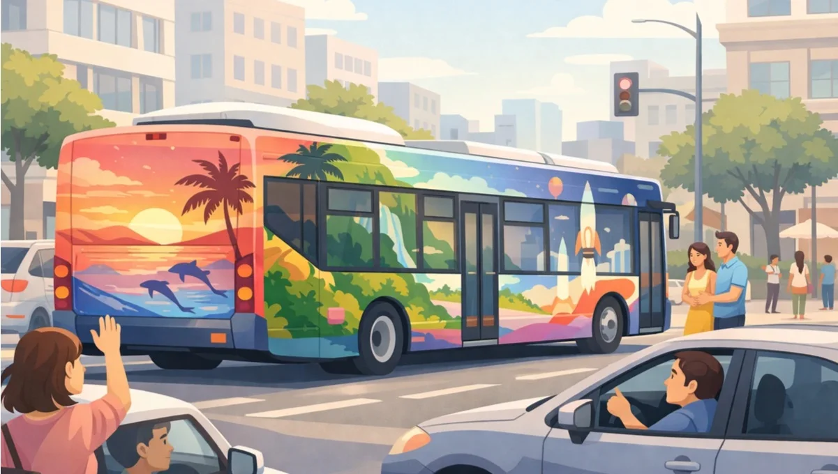 Bus advertising wrap driving through a busy UK city street