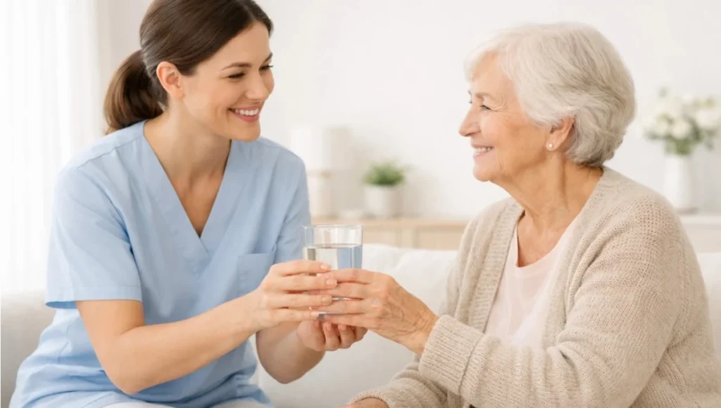 Personal care assistant helping an adult at home with daily care