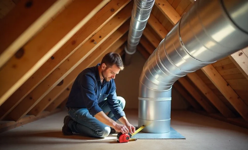 HVAC installation and fabrication services technician measuring custom ductwork for precise fitting