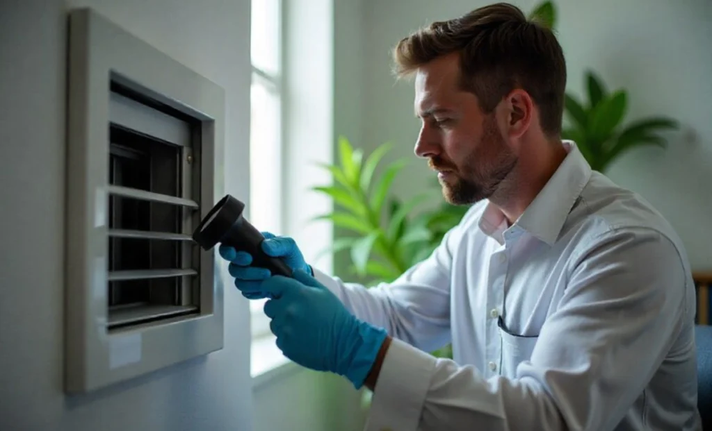 Professional technician providing indoor air quality services in Denver CO testing home air with monitoring equipment