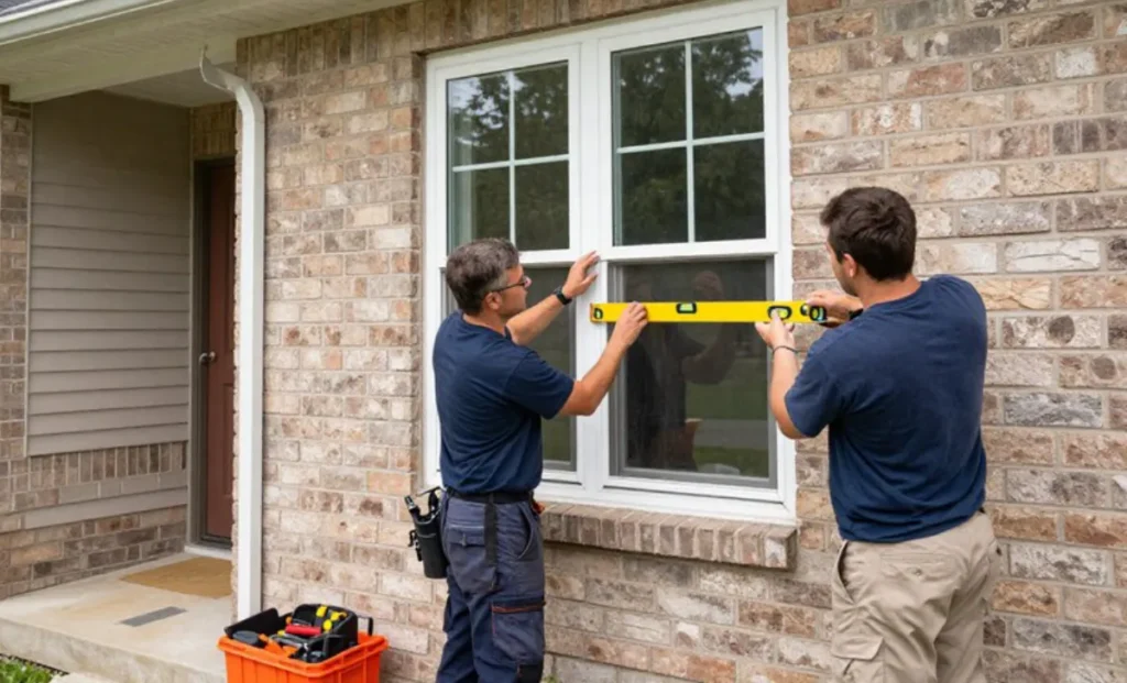 Professional window installation in St. Louis, MO showing expert installers fitting new window into residential home exterior