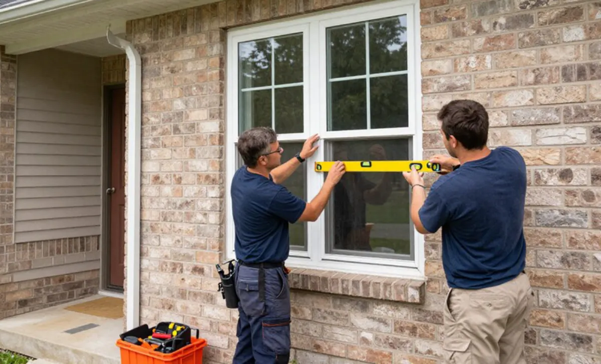 Professional window installation in St. Louis, MO showing expert installers fitting new window into residential home exterior