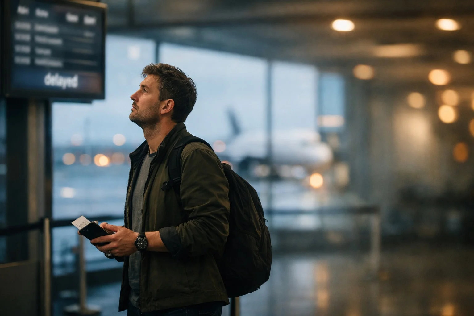 Passenger looking at departure board showing delayed flight due to late incoming aircraft
