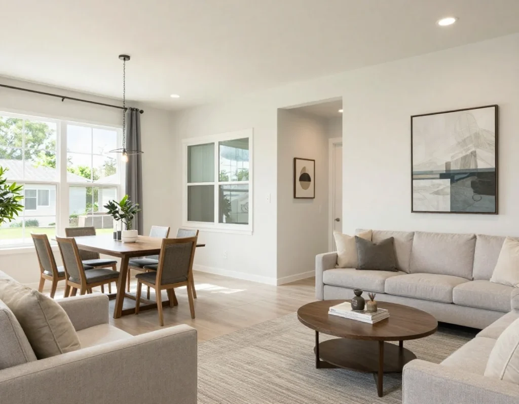 Open floor plan townhome interior in Atascocita with natural light