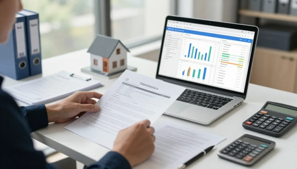 Real estate agent reviewing bookkeeping reports and cash flow statements on laptop with property documents and calculator on desk.