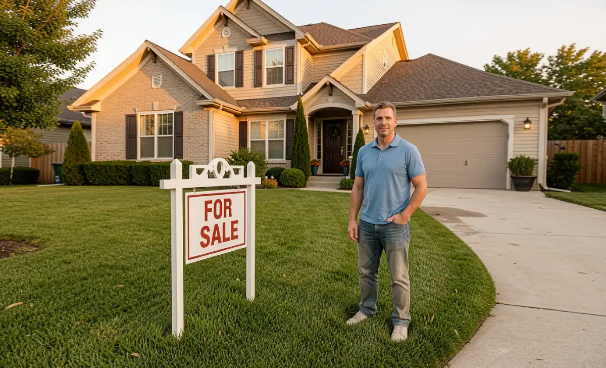 Homeowner standing outside a staged house for sale, showing common home selling challenges