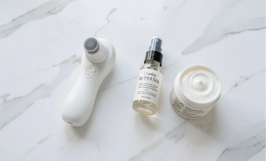 Ultrasonic skin scrubber placed beside basic skincare products for an at-home facial routine